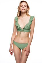 Load image into Gallery viewer, Santa Monica ruffle tie front bikini set green color full body front view