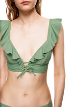 Load image into Gallery viewer, Santa Monica ruffle tie front bikini set green color top close view