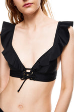 Load image into Gallery viewer, Santa Monica ruffle tie front bikini top black color front view