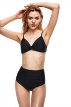 Load image into Gallery viewer, Seal front knot push up triangle bikini set black color full body front view