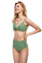 Load image into Gallery viewer, Seal front knot push up triangle bikini set green color full body side view