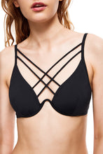Load image into Gallery viewer, Sunset halter criss cross bikini set black color top close  view