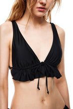 Load image into Gallery viewer, Dana front tie ruffle bikini top black color close view