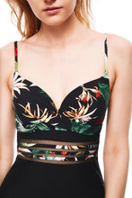 Load image into Gallery viewer, One-piece swimwear Avila Tropical Floral Print black color front close view
