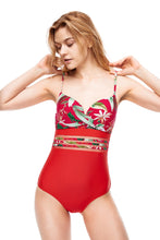 Load image into Gallery viewer, One-piece swimwear Avila Tropical Floral Print red color front
