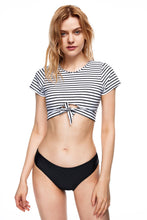 Load image into Gallery viewer, Solana striped short sleeve bikini set full body front view
