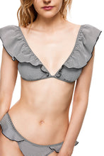 Load image into Gallery viewer, Oceanside stripped frill shoulder bikini set top front close view
