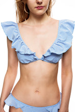 Load image into Gallery viewer, Oceanside stripped frill shoulder bikini set blue color front close view
