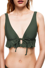 Load image into Gallery viewer, Dana front tie ruffle bikini top green color close view 
