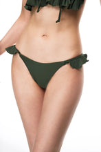 Load image into Gallery viewer, Dana front tie ruffle bikini bottom green color close view
