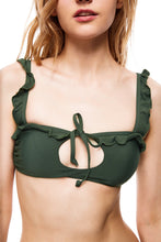 Load image into Gallery viewer, La Jolla ruffle edge front-tied bikini top green color front view
