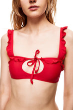 Load image into Gallery viewer, La Jolla ruffle edge front-tied bikini top red color front close view
