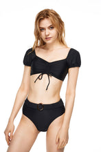 Load image into Gallery viewer, Malibu ruffle short sleeves two-piece swimsuit set black color front view
