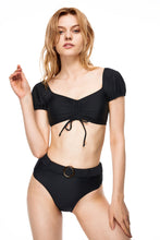 Load image into Gallery viewer, Malibu ruffle short sleeves two-piece swimsuit set black color front view
