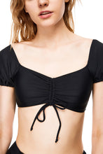 Load image into Gallery viewer, Malibu ruffle short sleeves two-piece swimsuit top black color front close view
