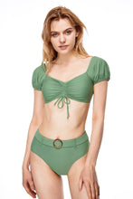 Load image into Gallery viewer, Malibu ruffle short sleeves two-piece swimsuit set green color front view
