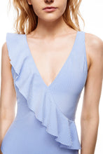 Load image into Gallery viewer, Faria stripped ruffle one-piece swimsuit blue front close view
