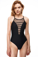 Load image into Gallery viewer, Oceano sheer halter neck one-piece swimsuit black color front view
