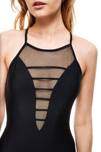 Load image into Gallery viewer, Oceano sheer halter neck one-piece swimsuit black color front close view
