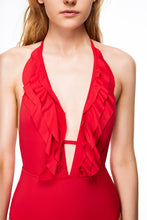 Load image into Gallery viewer, Red ballet ruffle one-piece women swimwear front close view
