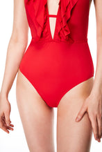 Load image into Gallery viewer, Red ballet ruffle one-piece women swimwear close bottom view
