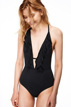 Load image into Gallery viewer, Black ballet ruffle one-piece women swimwear front view
