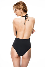 Load image into Gallery viewer, Black ballet ruffle one-piece women swimwear back view
